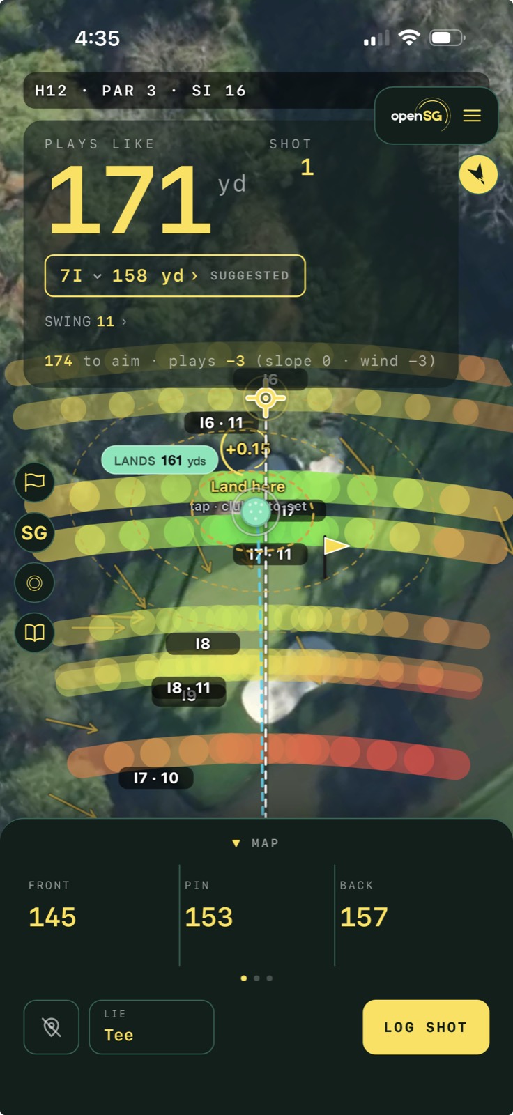 The aim heatmap over the same green: OpenSG scores every candidate landing zone, green is cheap and red is expensive, and tags each band with the club that carries there. The "Land here" ring sits on the lowest-average-score target. Here it lands 161 yds, +0.15 strokes better than firing at the flag.