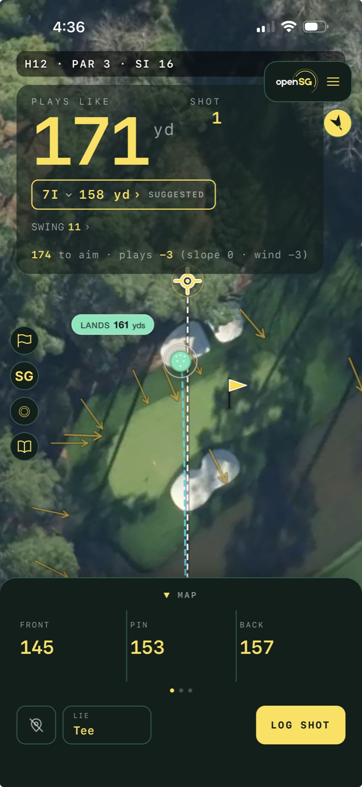 OpenSG biasing the aim off the flag: the "Land here" ring sits left of the pin, out in the fat of the green and away from the water and sand down the right. The whole cloud shifts toward the cheap miss instead of straddling the expensive one.
