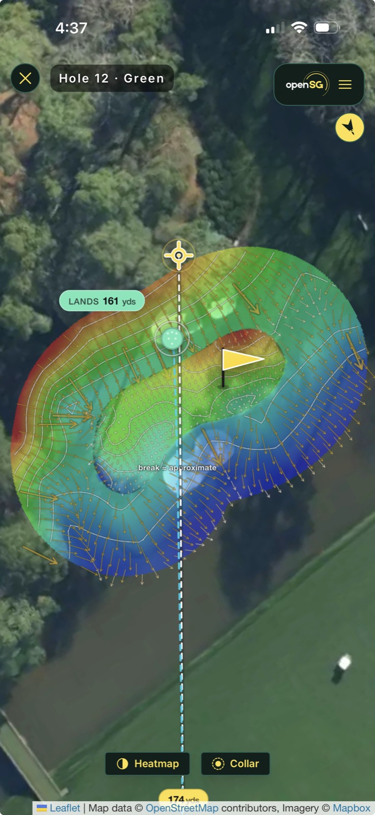 OpenSG's slope map for this green: color and arrows show which way every part of the surface sheds. Note how the front and right tilt downhill toward the water. A shot that lands there won't stay there.