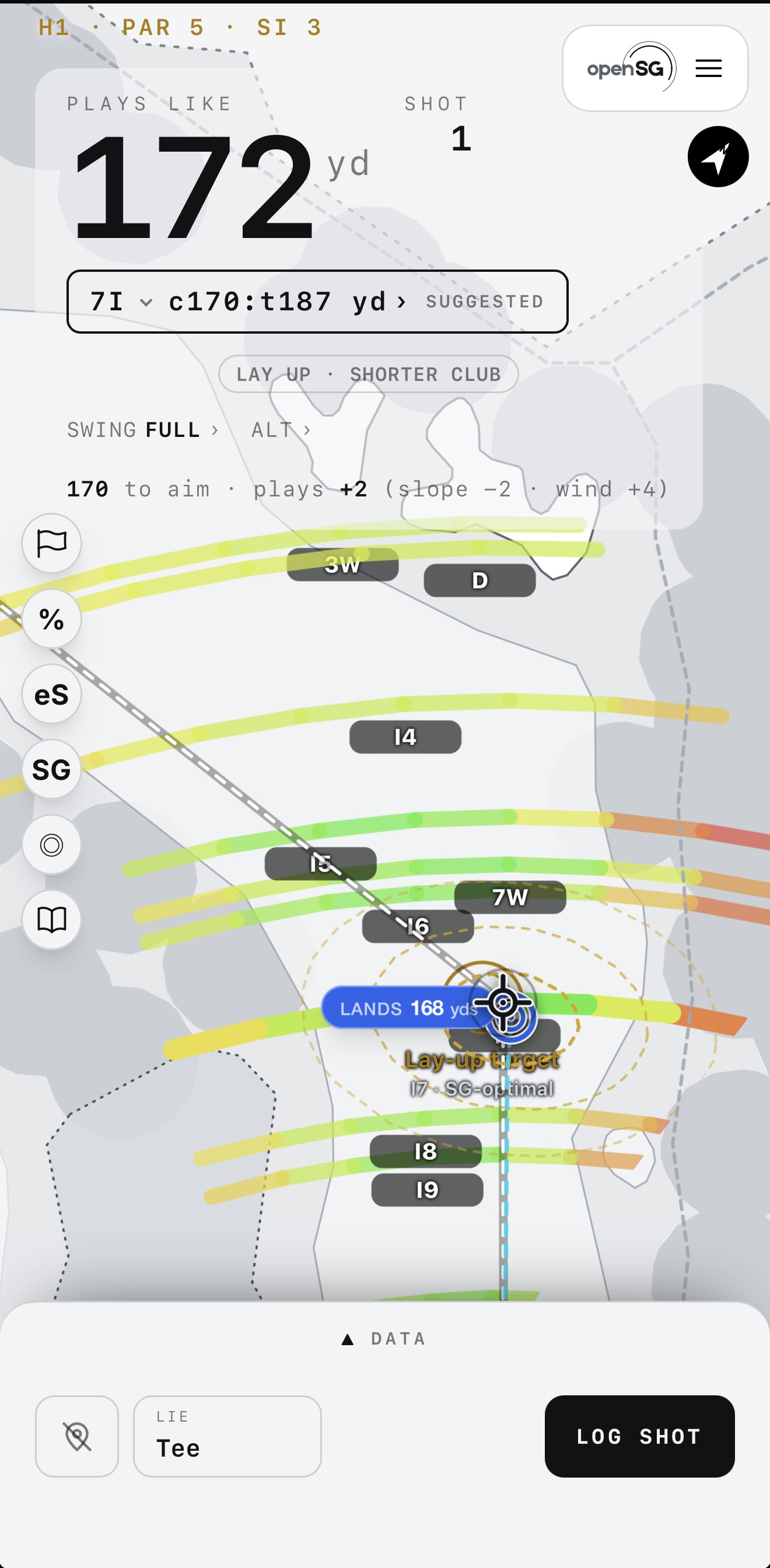 The club fan on a par 5 in OpenSG: concentric arcs at each club's carry distance — 3W, driver, 4i through 9i — every arc shaded by strokes gained, the greenest one the best club. The aim ring sits on the greenest point of the winning arc, marked "SG-optimal."
